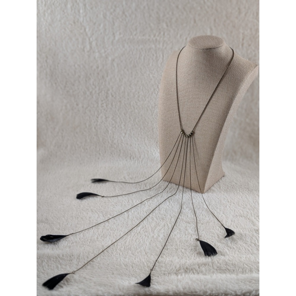 Boho Fringe Necklace Black‎ Feather Waterfall Statement Gunmetal Gothic